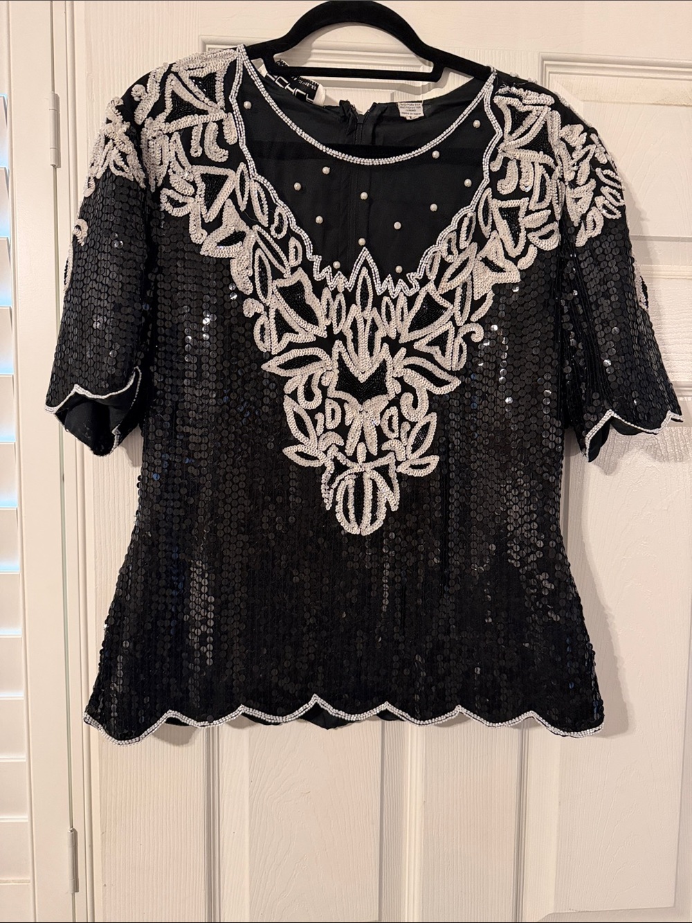Scala Black sequin and mesh Top with White Beaded Embroidery